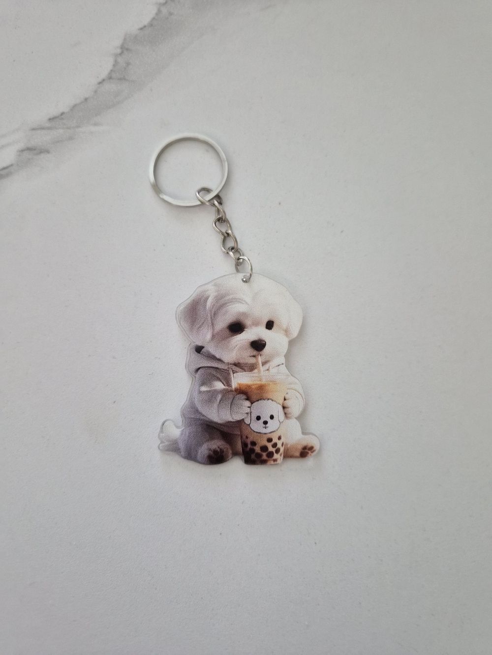 Cute White Puppy Keychain with Bubble Tea Design
